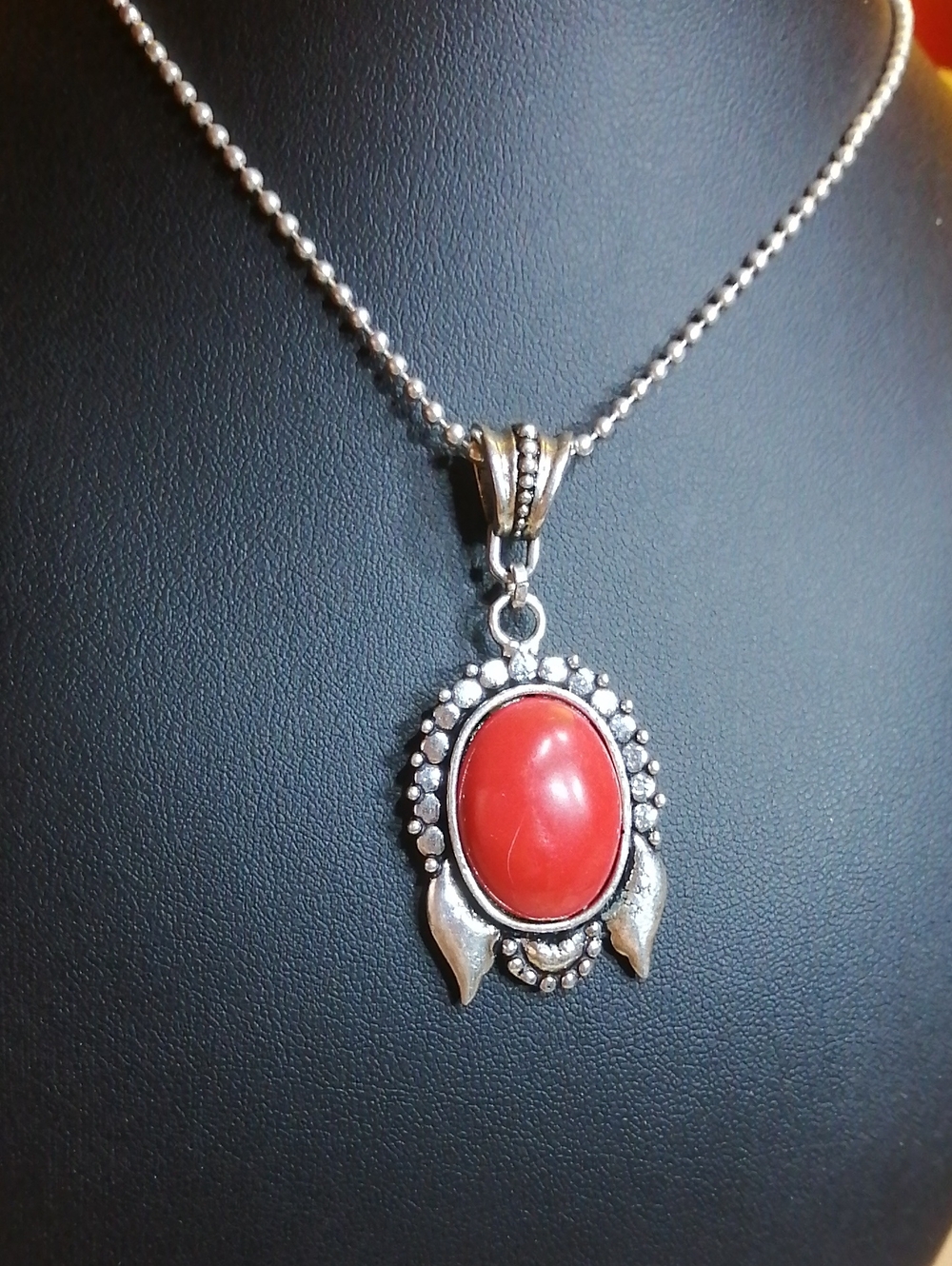 Silver Plated Pendant With Red Stone On Ball Chain 16.5" Long Necklace